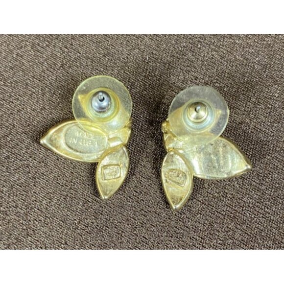 Autumn Enamel & Gold-Tone Leaf Earrings Tear Drop Stud Orange Tan Yellow 1" USA - Picture 3 of 4